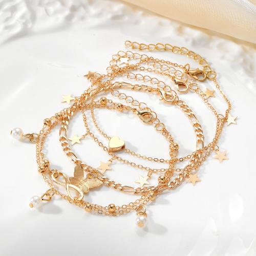Zinc Alloy Anklet, with Plastic Pearl, plated, 4 pieces & fashion jewelry, golden 