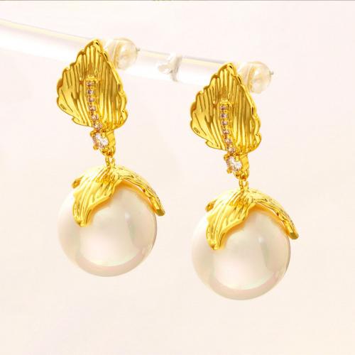 Cubic Zirconia Micro Pave Brass Earring, with Mabe Pearl, Leaf, 18K gold plated, fashion jewelry & micro pave cubic zirconia & for woman 
