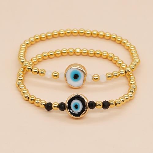 Evil Eye Jewelry Bracelet, Brass, with Crystal & Lampwork & Zinc Alloy, Flat Round, gold color plated, fashion jewelry & for woman Approx 18 cm 