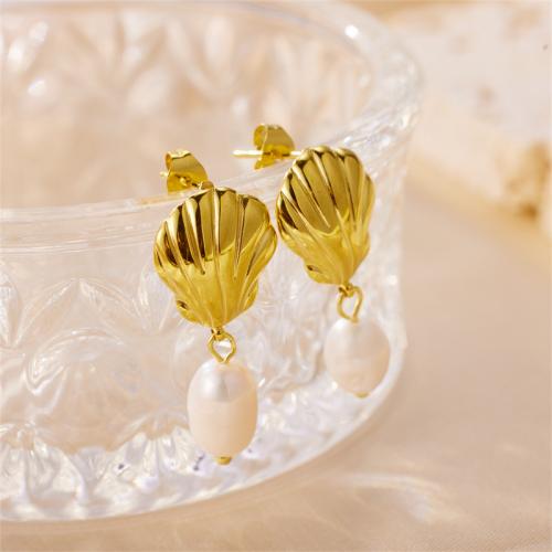 Freshwater Pearl Drop Earring, 304 Stainless Steel, with Freshwater Pearl, Vacuum Ion Plating, fashion jewelry & for woman, gold 
