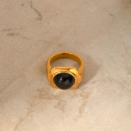 Stainless Steel Finger Ring, 304 Stainless Steel, with Black Agate, 18K gold plated, fashion jewelry & for woman, golden, US Ring 