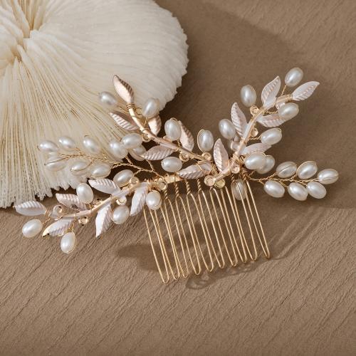 Decorative Hair Combs, Zinc Alloy, with Plastic Pearl, Flower, gold color plated, for woman & with rhinestone 