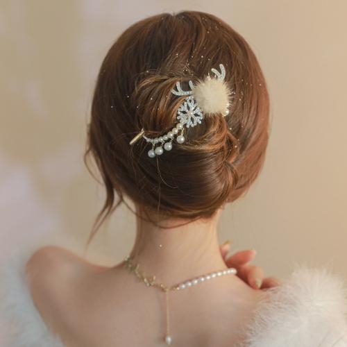 Haarnadeln, Zinklegierung, mit Plüsch & Kunststoff Perlen, Geweihe, plattiert, verschiedene Stile für Wahl & für Frau & mit Strass, keine, 105mm, verkauft von PC