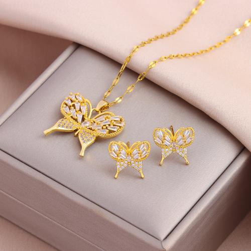 Brass Jewelry Set, with 304 Stainless Steel, Vacuum Ion Plating, fashion jewelry & for woman & with rhinestone Approx 50 cm 