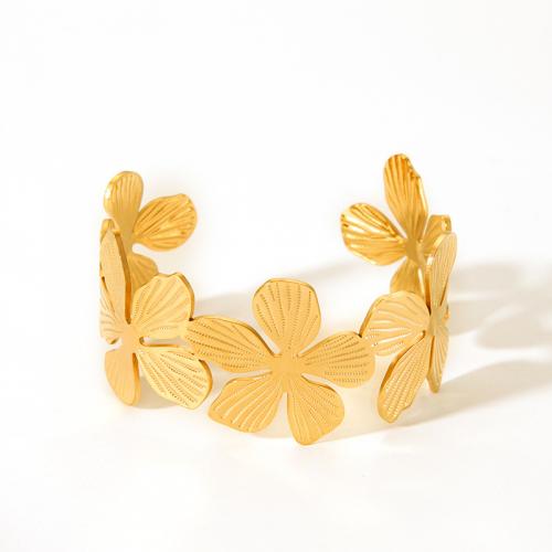 Stainless Steel Cuff Bangle, 304 Stainless Steel, petals, 18K gold plated, fashion jewelry & for woman, golden 