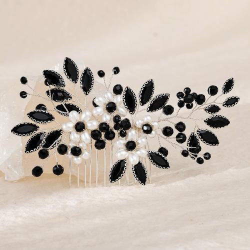 Bridal Decorative Hair Comb, Zinc Alloy, with Plastic Pearl, silver color plated, for woman & with rhinestone [