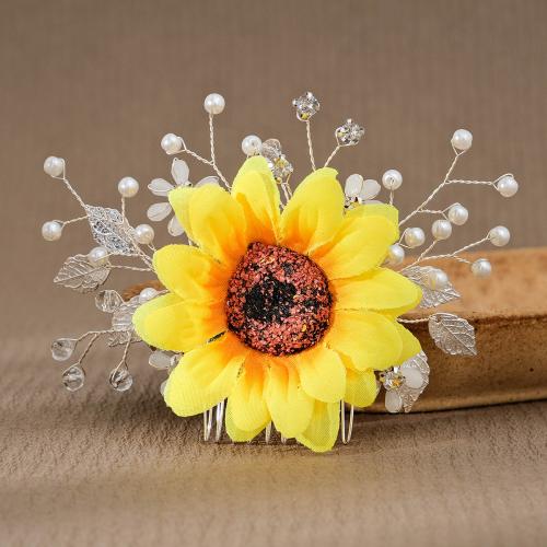 Bridal Decorative Hair Comb, Zinc Alloy, with Cloth & Plastic Pearl, Flower, gold color plated, for bridal & with rhinestone, yellow [