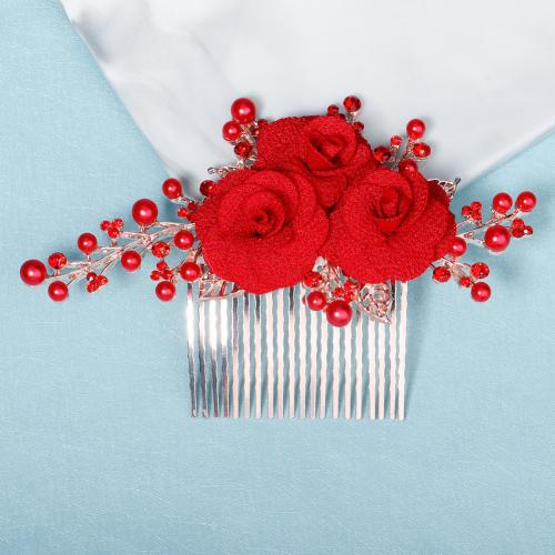 Bridal Decorative Hair Comb, Zinc Alloy, with Cloth & Resin, Flower, silver color plated, for woman & with rhinestone, red [