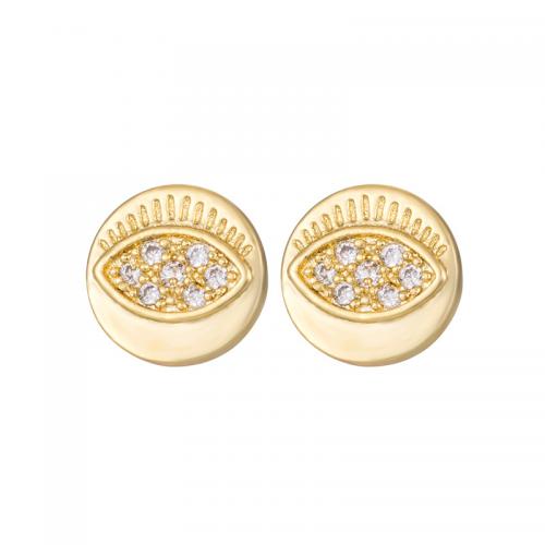 Brass Stud Earring, Evil Eye, real gold plated, micro pave cubic zirconia & for woman 10mm 