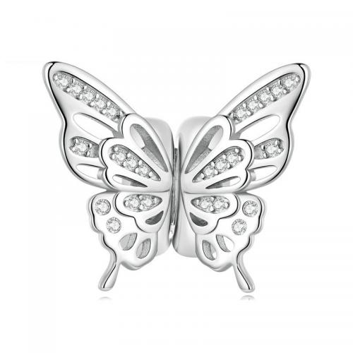 925 Sterling Silver Stopper Beads, Butterfly, platinum plated, DIY & micro pave cubic zirconia & large hole Approx 4.5mm 