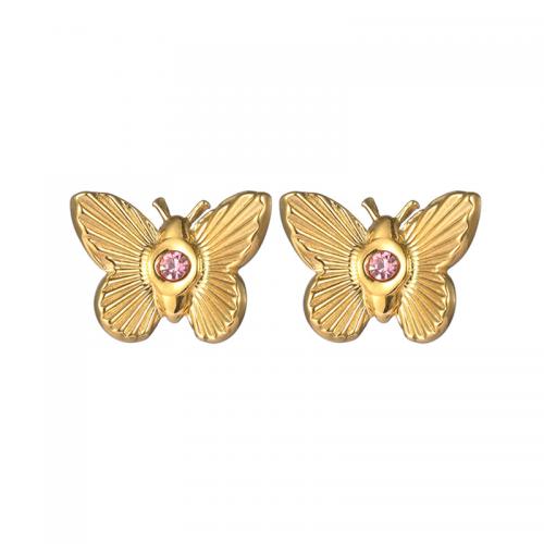 Stainless Steel Cubic Zirconia Stud Earring, 304 Stainless Steel, Butterfly, Vacuum Ion Plating, fashion jewelry & micro pave cubic zirconia & for woman, gold 