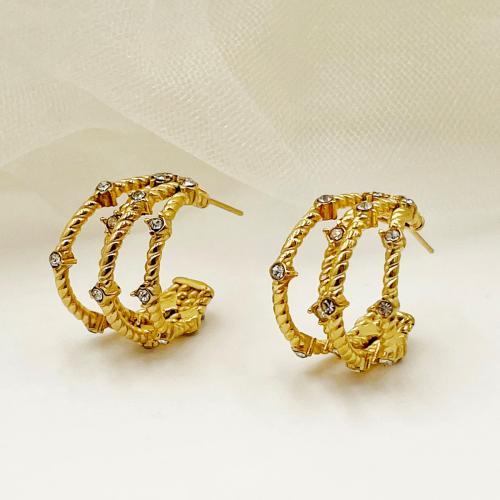 304 Stainless Steel Stud Earring, Geometrical Pattern, gold color plated, for woman & with rhinestone & hollow 