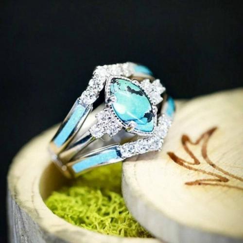 Zinc Alloy Ring Set, with turquoise, Geometrical Pattern, silver color plated, three pieces & for woman & enamel & with rhinestone, US Ring 