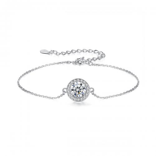 Sterling Silver Bracelets, 925 Sterling Silver, with Moissanite, with 5cm extender chain, Round, fashion jewelry & for woman, clear Approx 16 cm 