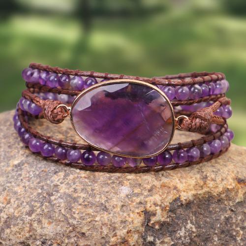 Bracelets quartz, améthyste, avec cordon en cuir, fait à la main, bijoux de mode & multicouche & unisexe Environ 51-60 cm, Vendu par PC