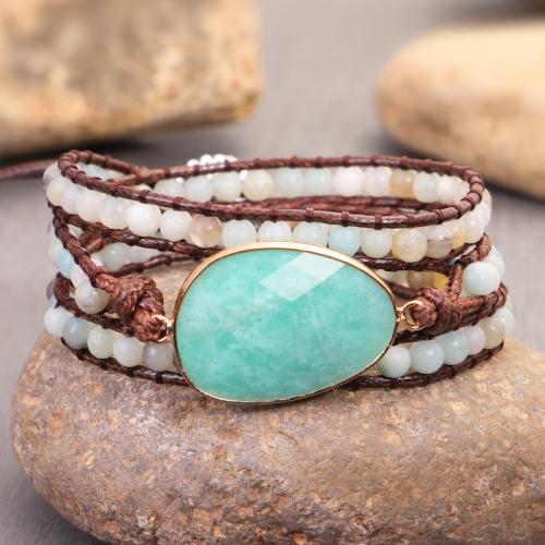 Gemstone Bracelets, ​Amazonite​, with leather cord, handmade, fashion jewelry & multilayer & Unisex Approx 51-60 cm 