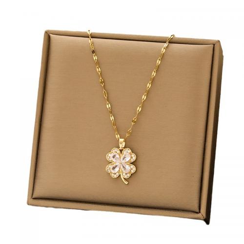 304 Stainless Steel Necklace, with 2inch extender chain, Four Leaf Clover, real gold plated, micro pave cubic zirconia & for woman Approx 15.7 Inch 