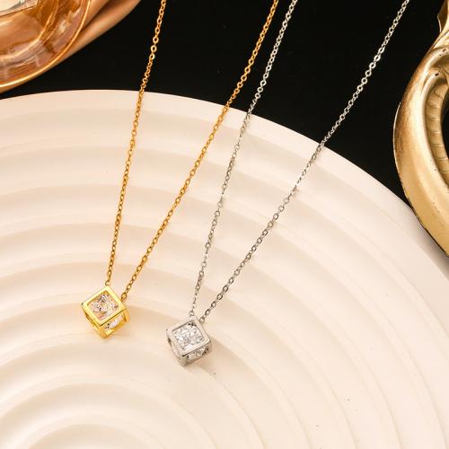 304 Stainless Steel Necklace, with 2inch extender chain, Cube, Vacuum Ion Plating, oval chain & micro pave cubic zirconia & for woman & hollow Approx 15.7 Inch 