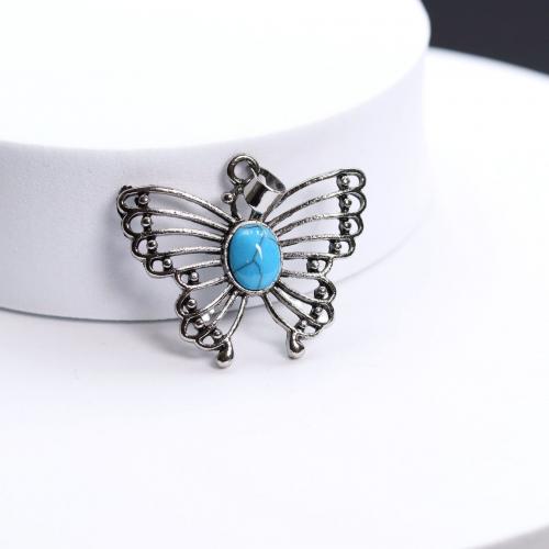 Synthetic Turquoise Pendants, Synthetic Blue Turquoise, with Zinc Alloy, Butterfly, silver color plated, fashion jewelry & DIY & hollow, blue 