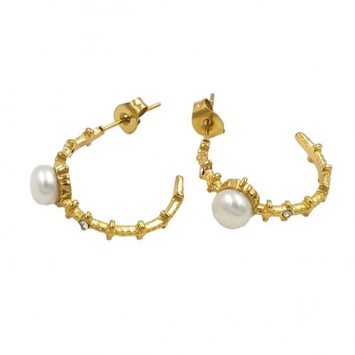 Rhinestone Brass Stud Earring, with pearl, gold color plated, fashion jewelry & for woman & with rhinestone, white 
