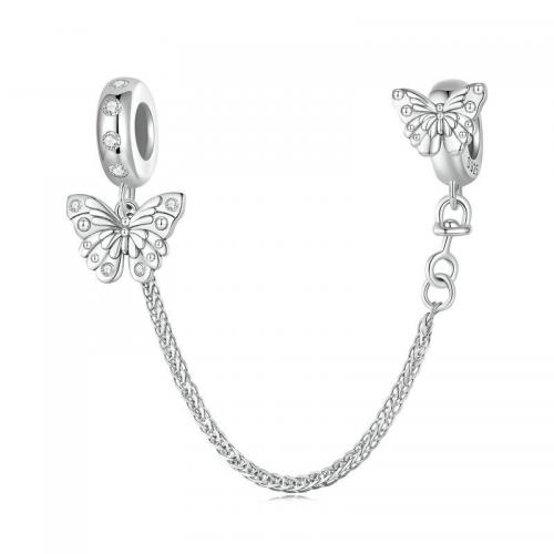 European Christmas Beads, 925 Sterling Silver, Butterfly, platinum plated, DIY & micro pave cubic zirconia 