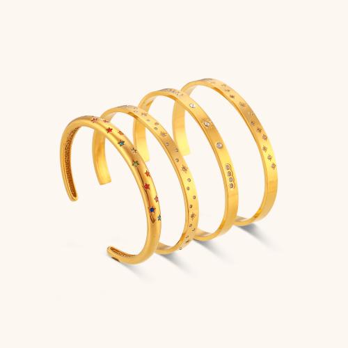 Stainless Steel Cuff Bangle, 304 Stainless Steel, Vacuum Ion Plating & micro pave cubic zirconia & for woman, golden 