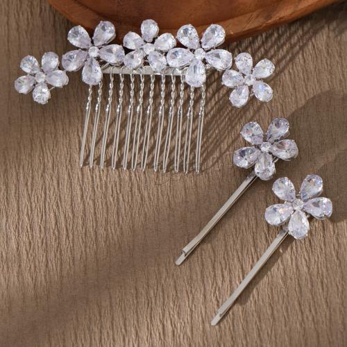 alliage de zinc parure de bijoux, barrette & peigne à cheveux, fleur, Placage de couleur argentée, pour femme & avec strass, Vendu par fixé