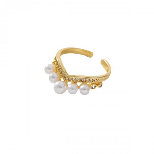 Cubic Zirconia Micro Pave Brass Finger Ring, with Plastic Pearl, real gold plated, micro pave cubic zirconia & for woman, golden 