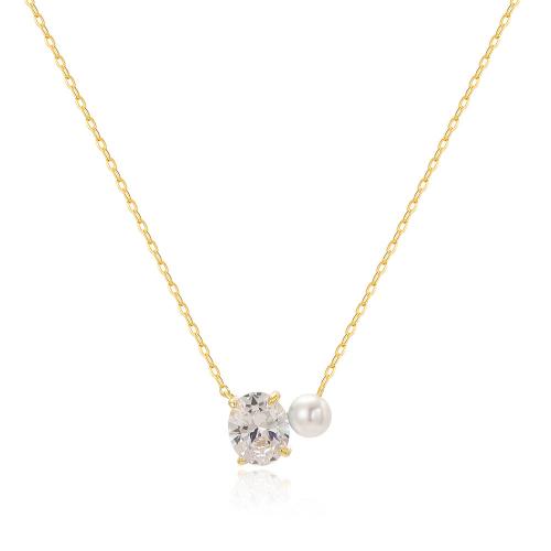 Brass Cubic Zirconia Necklace, with Plastic Pearl, plated, micro pave cubic zirconia & for woman 