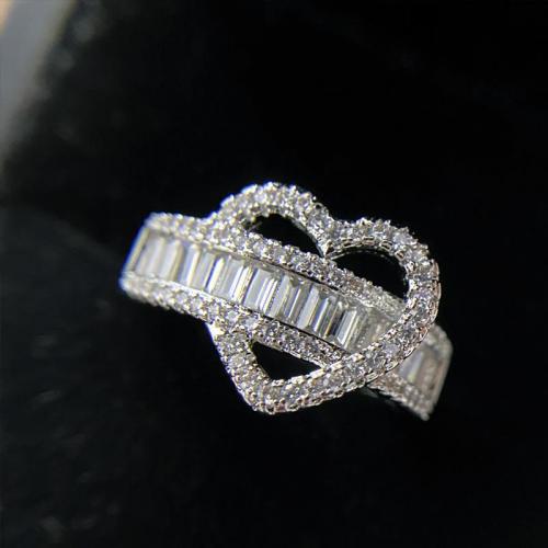 Brass Cuff Finger Ring, Heart, platinum plated, micro pave cubic zirconia & for woman & hollow, US Ring 