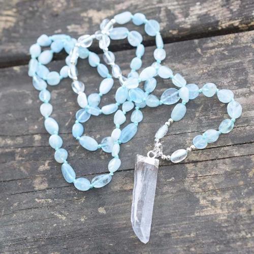 Quartz Necklace, Aquamarine, with Clear Quartz & Brass, silver color plated, fashion jewelry & Bohemian style & for woman, mixed colors, 45mm Approx 83 cm [