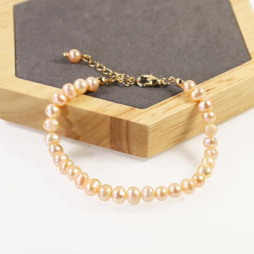 Cultured Freshwater Pearl Brass Bracelet, with Freshwater Pearl, with 5cm extender chain, high quality plated, fashion jewelry & for woman, pink Approx 17 cm 