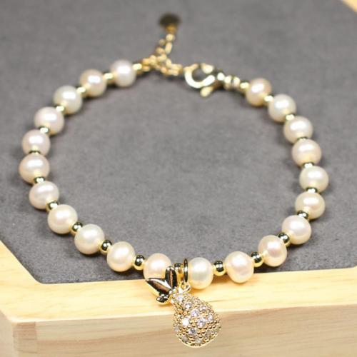 Cultured Freshwater Pearl Brass Bracelet, with Freshwater Pearl, with 5cm extender chain, Pineapple, 18K gold plated, fashion jewelry & micro pave cubic zirconia & for woman Approx 17 cm 
