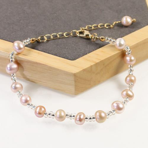 Cultured Freshwater Pearl Brass Bracelet, with Seedbead & Freshwater Pearl, with 5cm extender chain, high quality plated, fashion jewelry & micro pave cubic zirconia & for woman, purple Approx 17 cm 