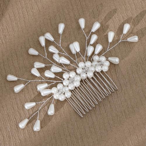 Decorative Hair Combs, Zinc Alloy, with Plastic Pearl, silver color plated, for bridal & for woman & with rhinestone 