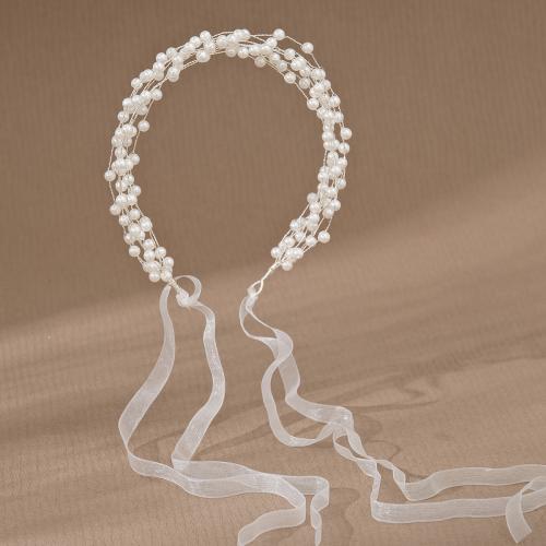 Ruban bijoux, alliage de zinc, avec tissu & perle de plastique, Placage de couleur argentée, pour mariée & pour femme & avec strass, blanc, Vendu par PC