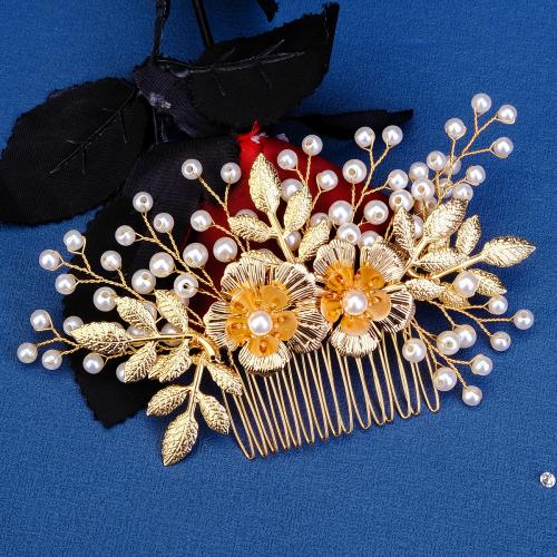 Decorative Hair Combs, Zinc Alloy, with Plastic Pearl, gold color plated, for bridal & for woman, yellow 