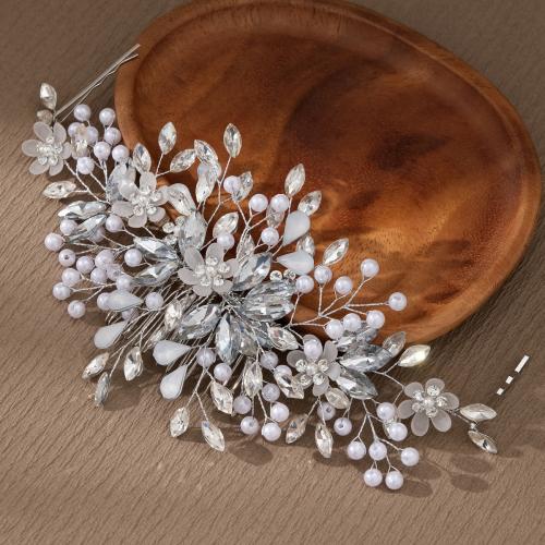Decorative Hair Combs, Zinc Alloy, with Plastic Pearl, silver color plated, for bridal & for woman & with rhinestone, white 