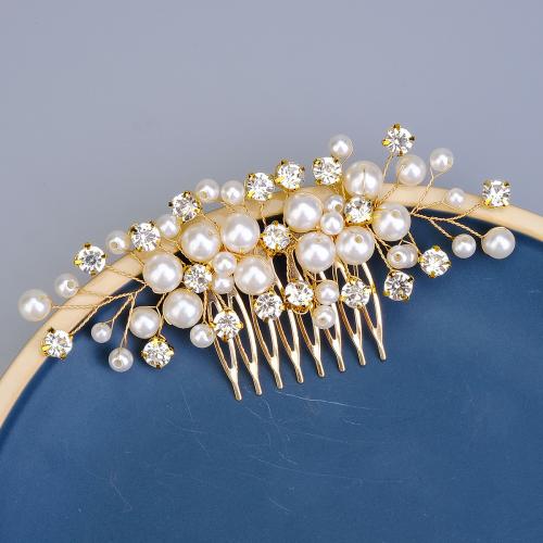 Peignes décoratifs, alliage de zinc, avec perle de plastique, Placage de couleur d'or, pour mariée & pour femme & avec strass, couleurs mélangées, Vendu par PC