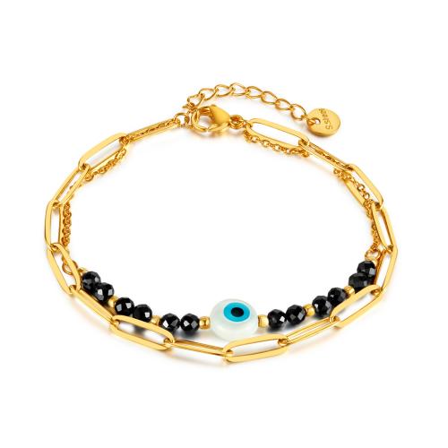 Evil Eye Jewelry Bracelet, 304 Stainless Steel, with Natural Stone & Acrylic, with 3.5cm extender chain, Double Layer & fashion jewelry & for woman, gold Approx 17 cm 