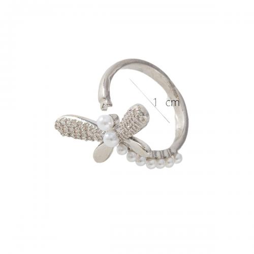 Cubic Zirconia Micro Pave Brass Finger Ring, with Plastic Pearl, real gold plated, micro pave cubic zirconia & for woman 