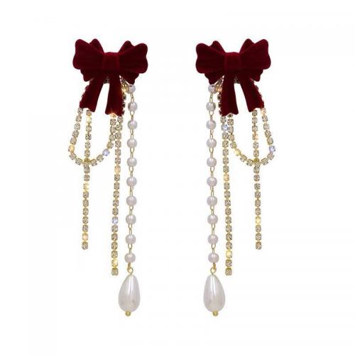 Zinc Alloy Tassel Earring, with Flocking Fabric & Plastic Pearl, Bowknot, plated, for woman & with rhinestone 