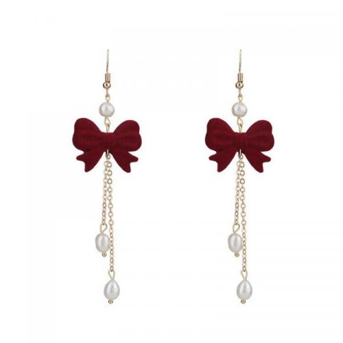 Zinc Alloy Drop Earring, with Flocking Fabric & Plastic Pearl, Bowknot, gold color plated, fashion jewelry & for woman 