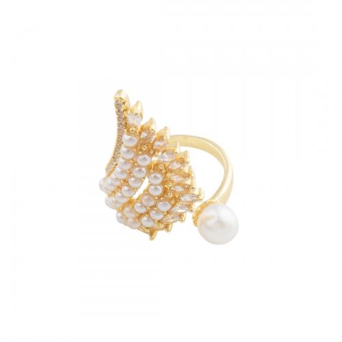 Cubic Zirconia Micro Pave Brass Finger Ring, with Plastic Pearl, Wing Shape, 14K gold plated, fashion jewelry & micro pave cubic zirconia Inner Approx 18mm 