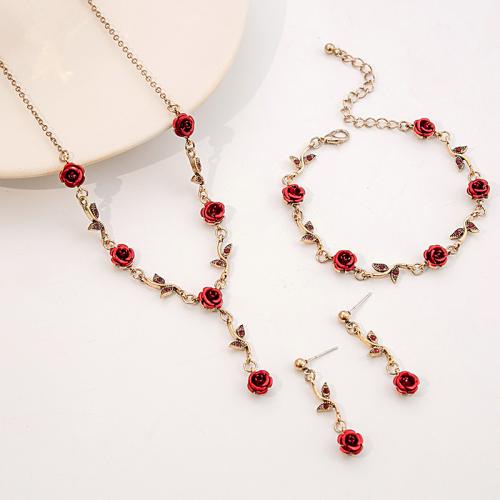 Enamel Zinc Alloy Jewelry Sets, bracelet & earring & necklace, Rose, gold color plated, fashion jewelry & for woman 