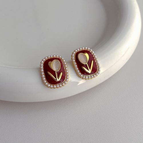 Brass Stud Earring, with ABS Plastic Pearl, Rectangle, plated, fashion jewelry & enamel, red 