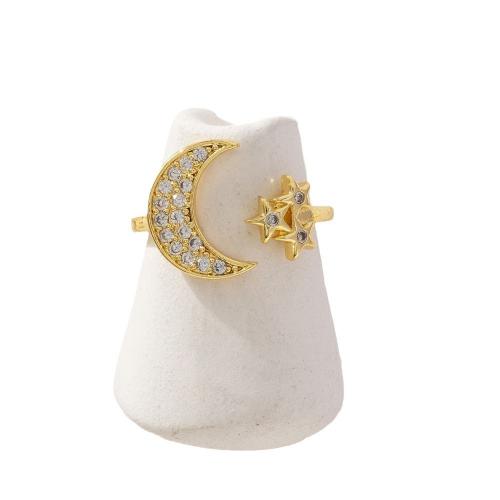 Cubic Zirconia Micro Pave Brass Finger Ring, Moon and Star, real gold plated, micro pave cubic zirconia & for woman 