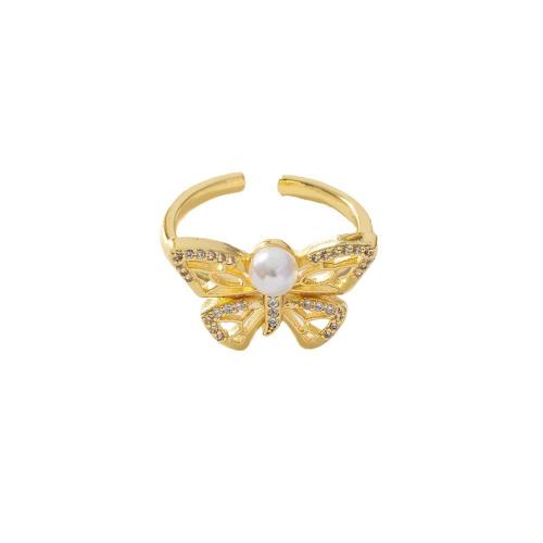 Cubic Zirconia Micro Pave Brass Finger Ring, with Plastic Pearl, Butterfly, real gold plated, micro pave cubic zirconia & for woman 