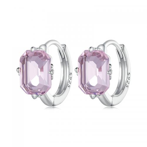 Sterling Silver Hoop Earring, 925 Sterling Silver, with Glass, platinum plated, fashion jewelry & for woman, pink Inner Approx 9mm [