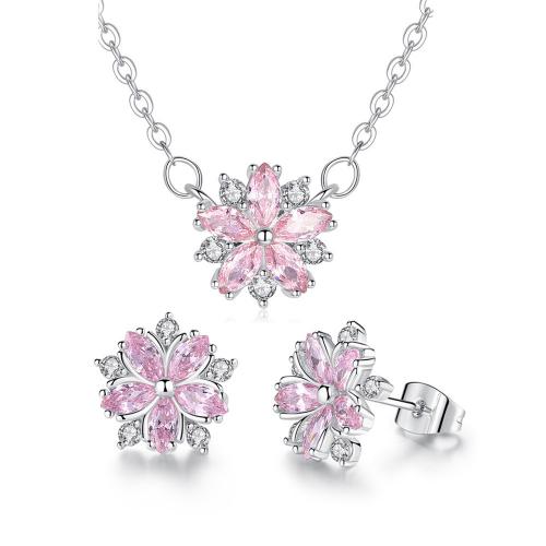 Cubic Zirconia Micro Pave Brass Jewelry Sets, Stud Earring & necklace, petals, plated, micro pave cubic zirconia & for woman, silver color, Stud  [